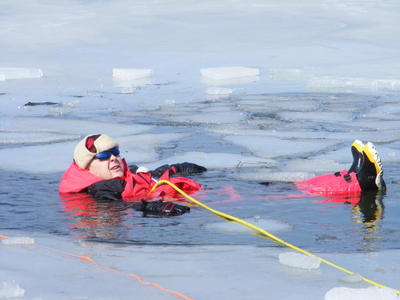 FF Cox trying out his Ice Fishing suit for buoyancy